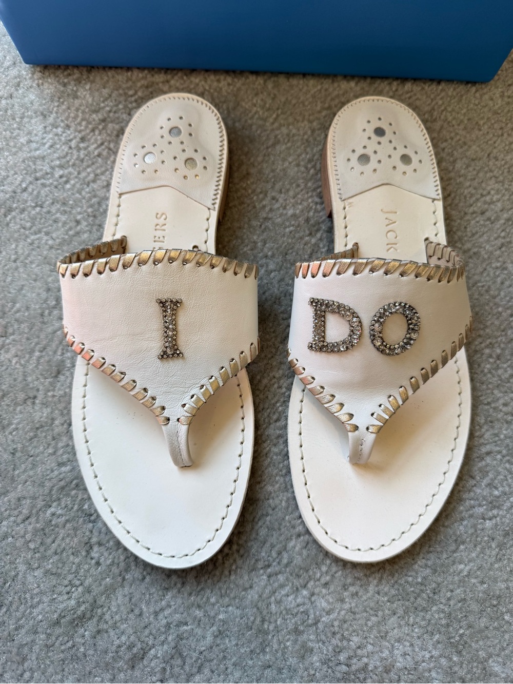 Jack Rogers White Leather 'I DO' Champagne Crystal Thong Sandals